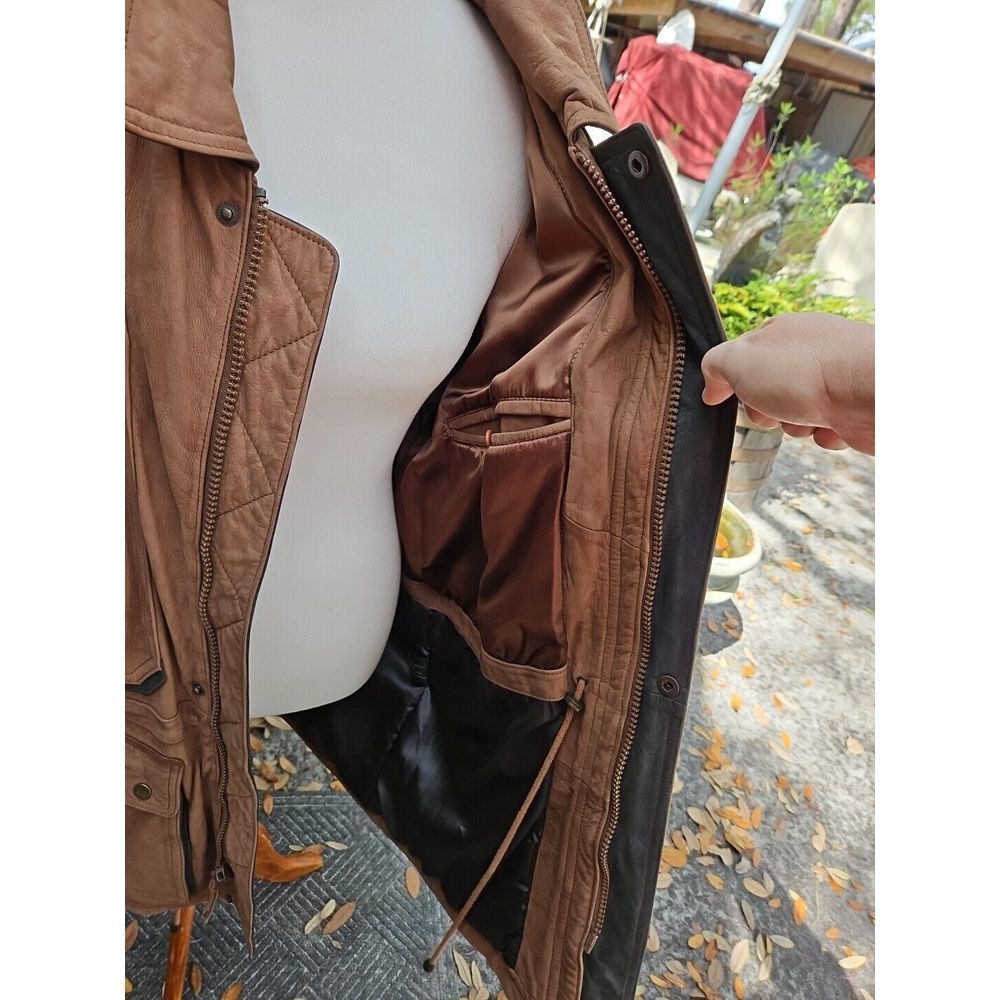J. Park COUTURE Cognac Brown Leather Jacket PARKA Mid-Length VINTAGE Y2K - Picture 13 of 16